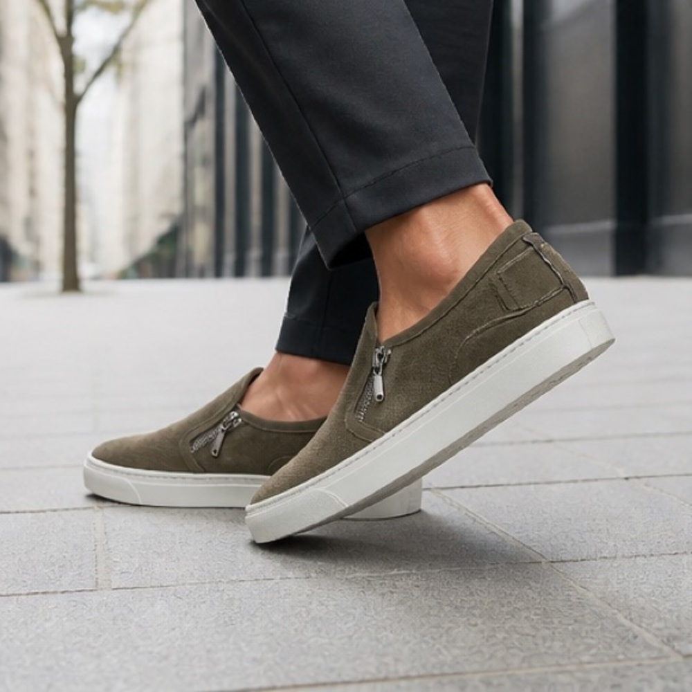 Doucal’s Men's Slip-On Soft Suede Loafers in Olive with Side Zippers - Picture 7 of 8